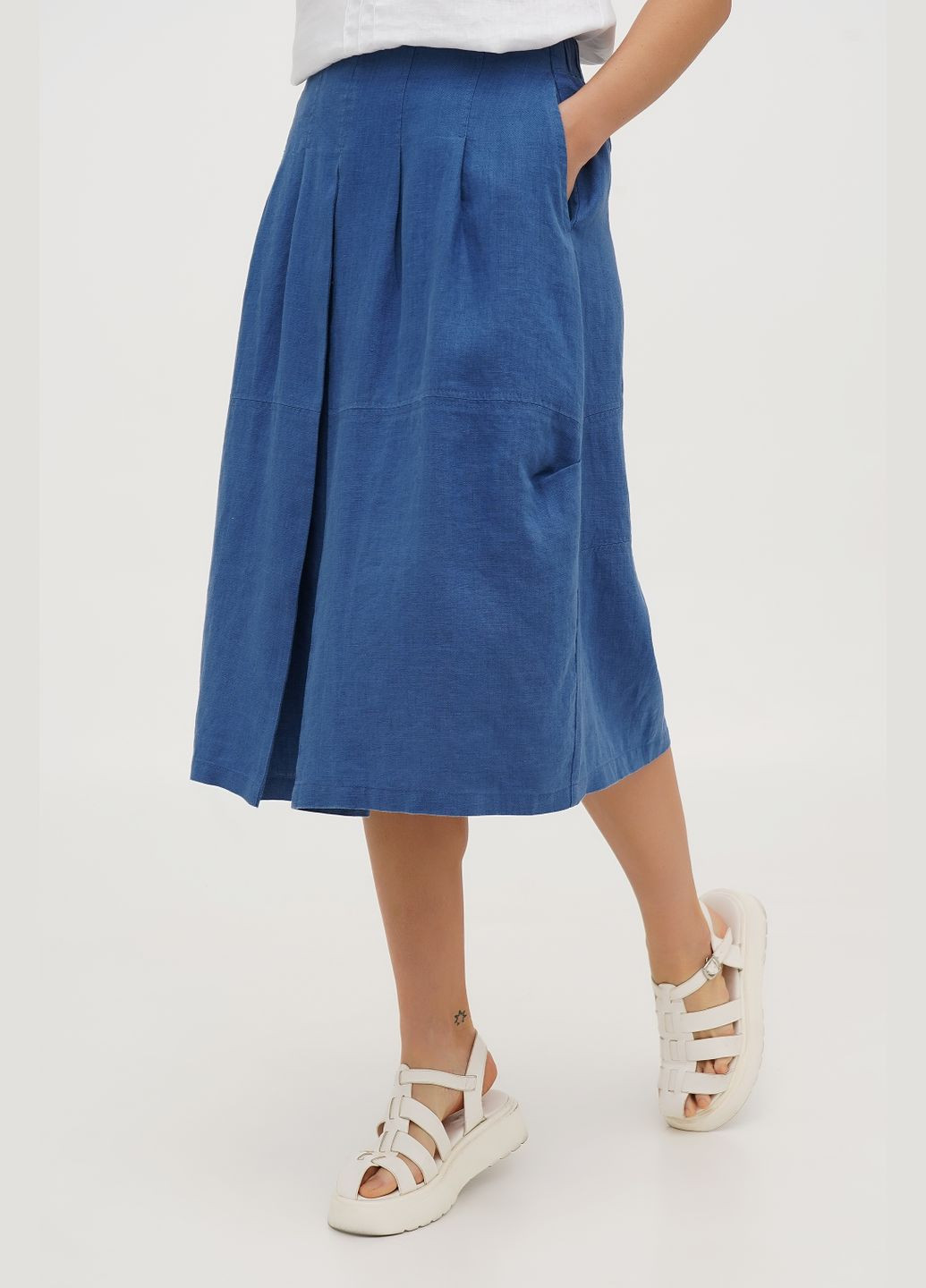 Синяя свободная льняная миди юбка бохо на молнии и с карманами малага. белый, р.44, код 7437/44/101 ГАЛЕРЕЯ ЛЬОНУ