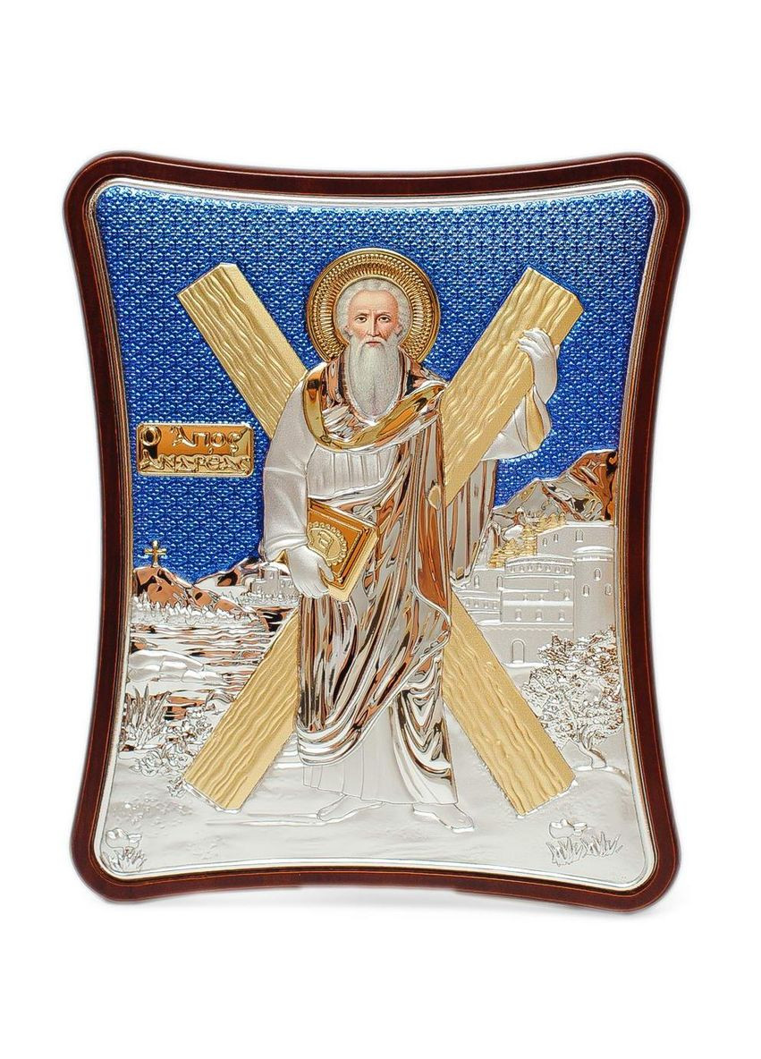 Ікона Андрія Первозванного 12x15см на синьому фоні в дерев'яному витягнутому кіоті Prince Silvero (265215601)