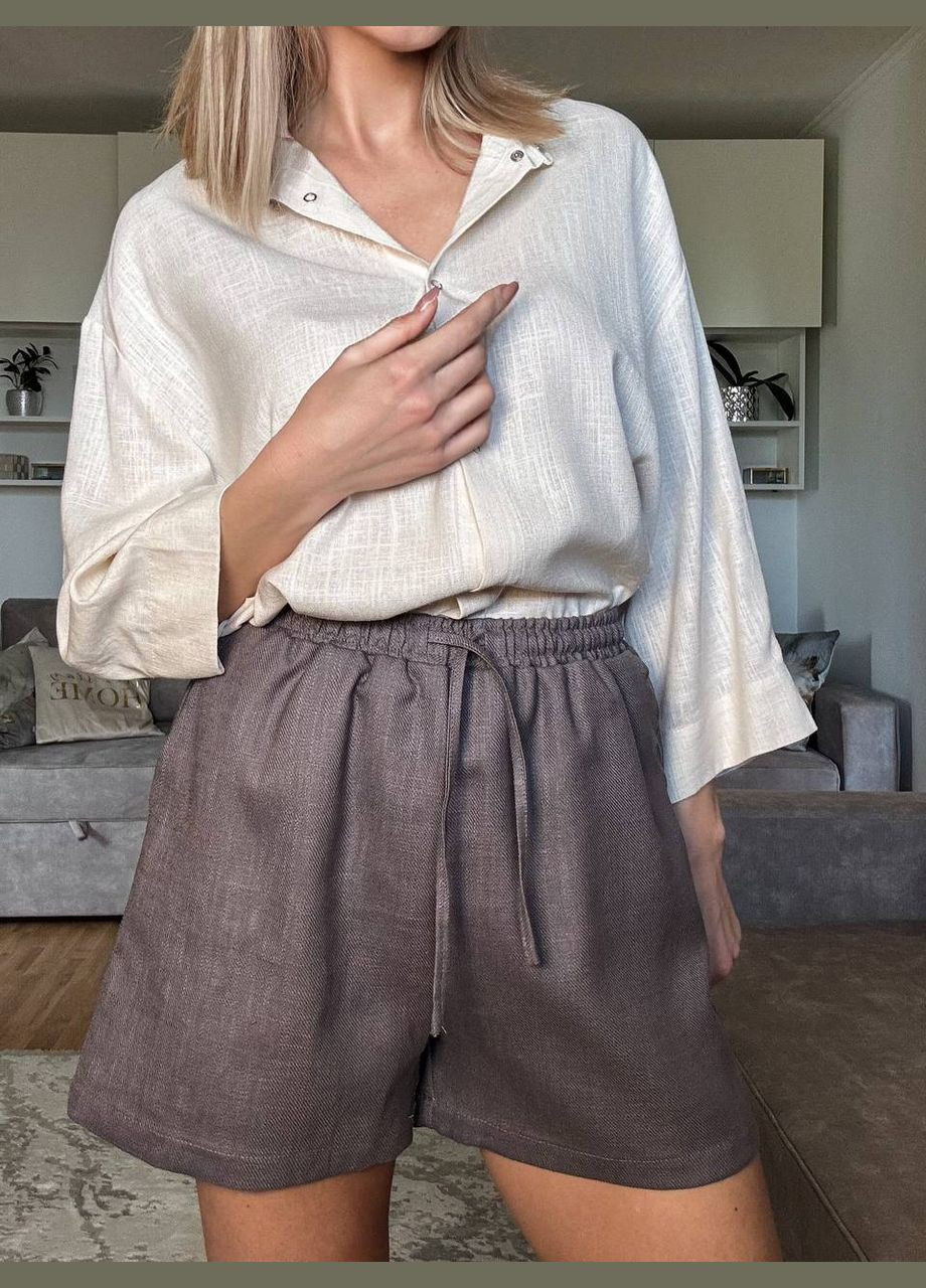 Бежевая всесезон женский пижамный комплект (рубашка из льна+шорты из крапивы)шоколад рубашка + шорты PAPLYK