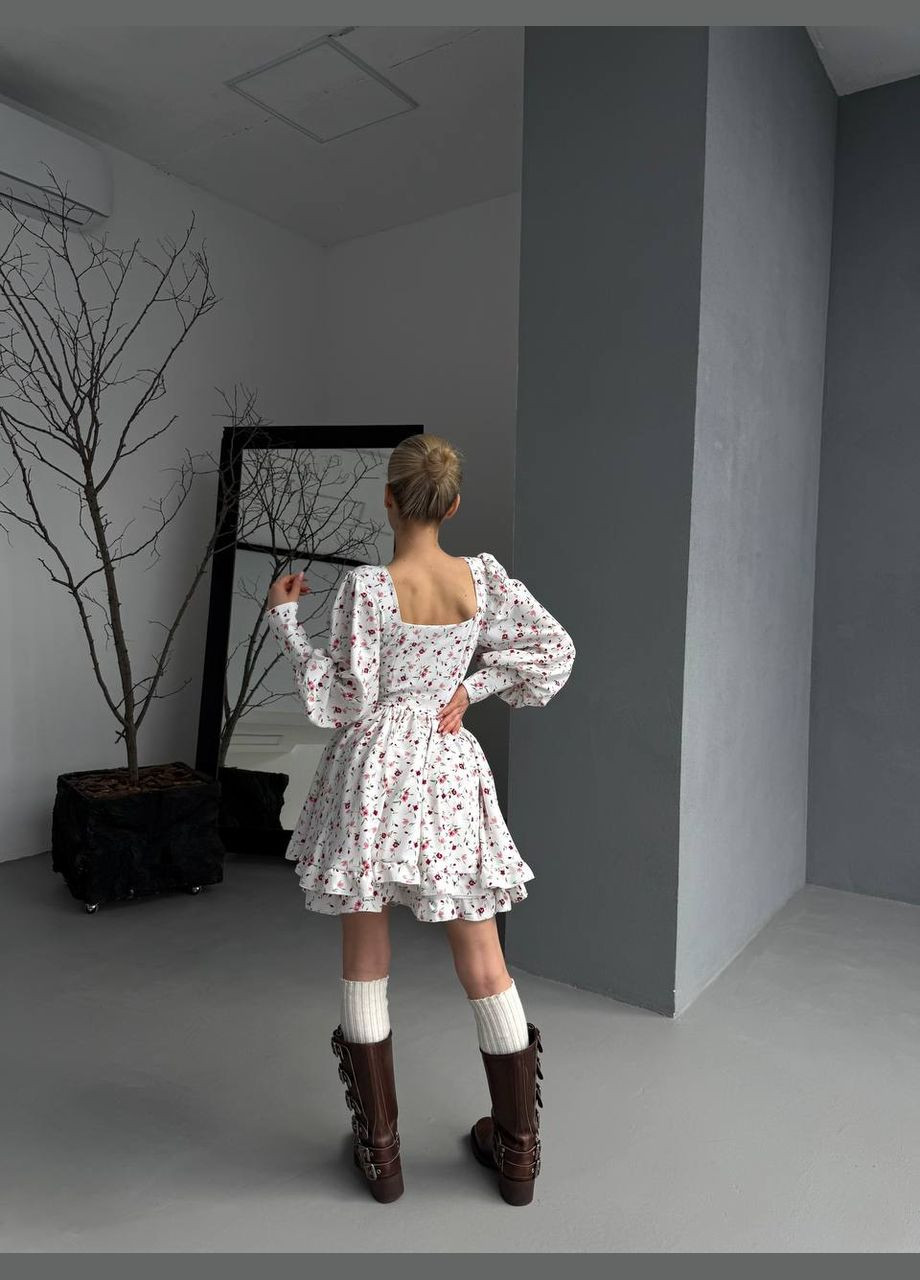 Белое повседневный платье женское с юбкой-солнце Україна с цветочным принтом