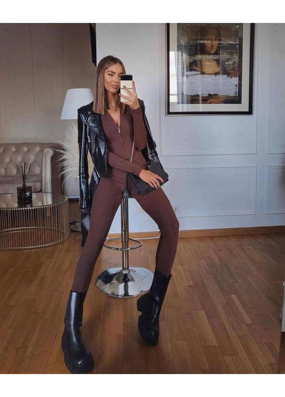 Жіночий обтислий комбінезон із довгим рукавом Україна комбінезон-брюки однотонний коричневий кежуал фліс