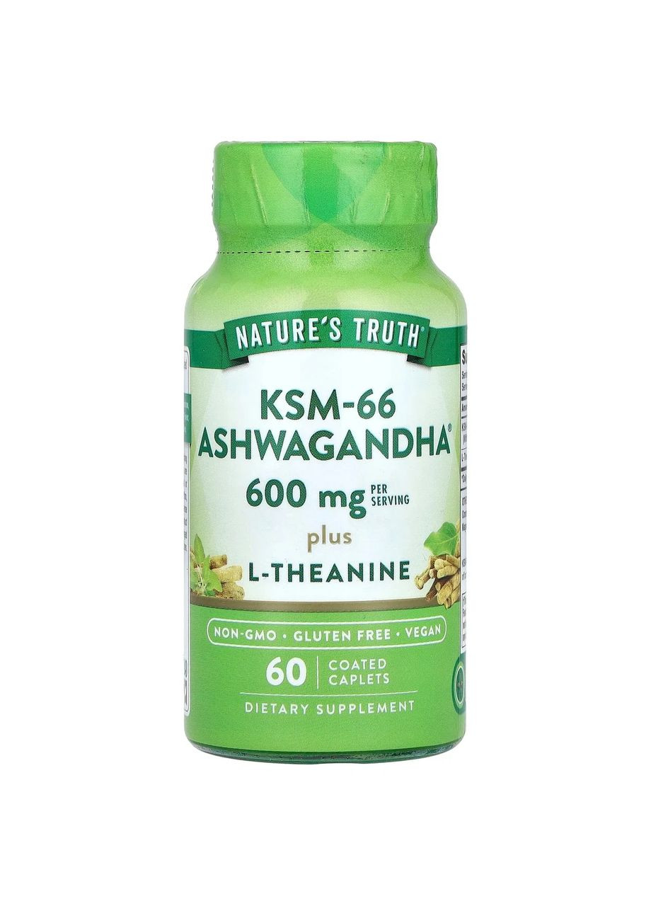 Ашваганда плюс L-Теонин, KSM-66, Ashwagandha Plus L-Theanine,, 600 мг, 60 каплет (300 мг на каплету) Nature's Truth (369609446)