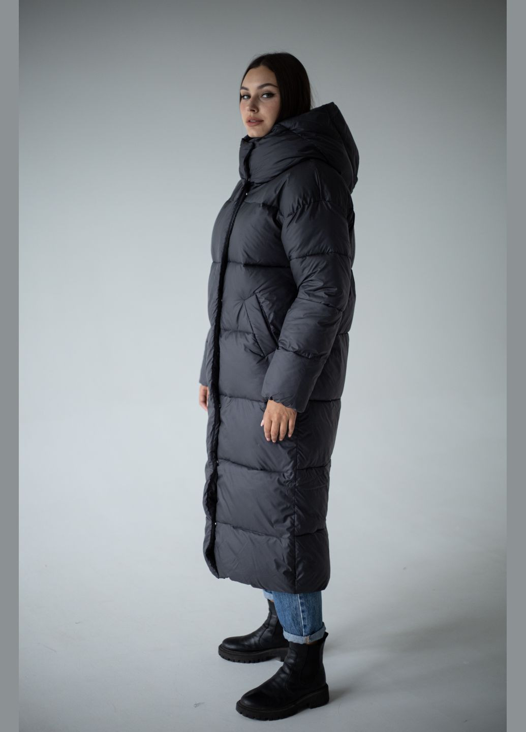 Графитовая зимняя пуховик длинный зимний женский SK