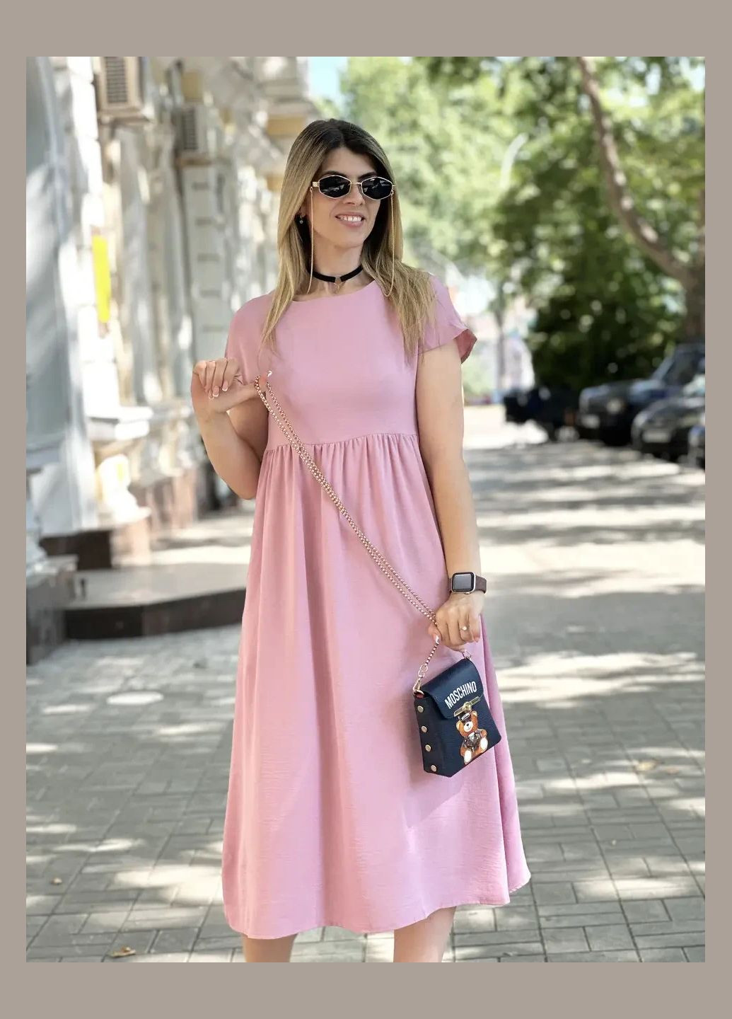 Розовое летнее платье миди из креп-жатки No Brand