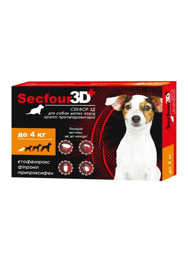 Капли противопаразитарные Secfour 3D (Секфор 3Д) для собак малых пород до 4 кг, 2 пипетки*0.5 мл, 207465 No Brand (278411818)
