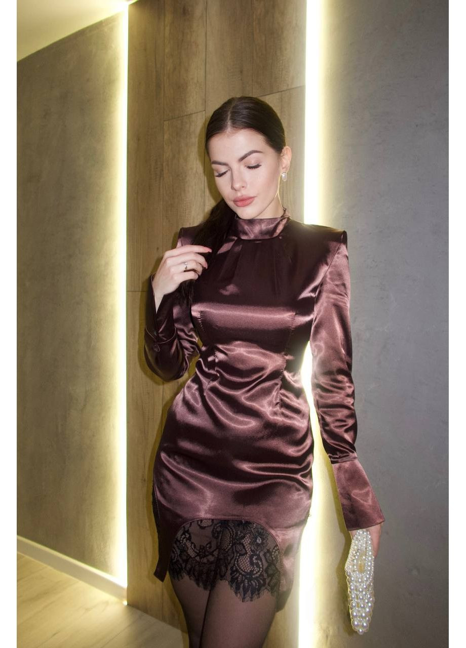 Коричнева вечiрня сукня мiнi з шовку коричневого кольору 36270 а-силует No Brand однотонна