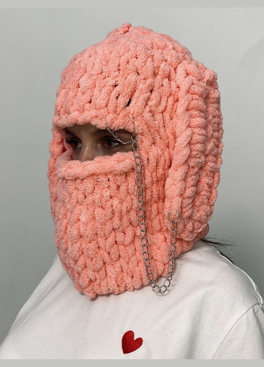 Alize вязанная балаклава шапка puffy светло-коралловый, с ушами зайца и цепочкой (3256529954) коралловый производство - Турция
