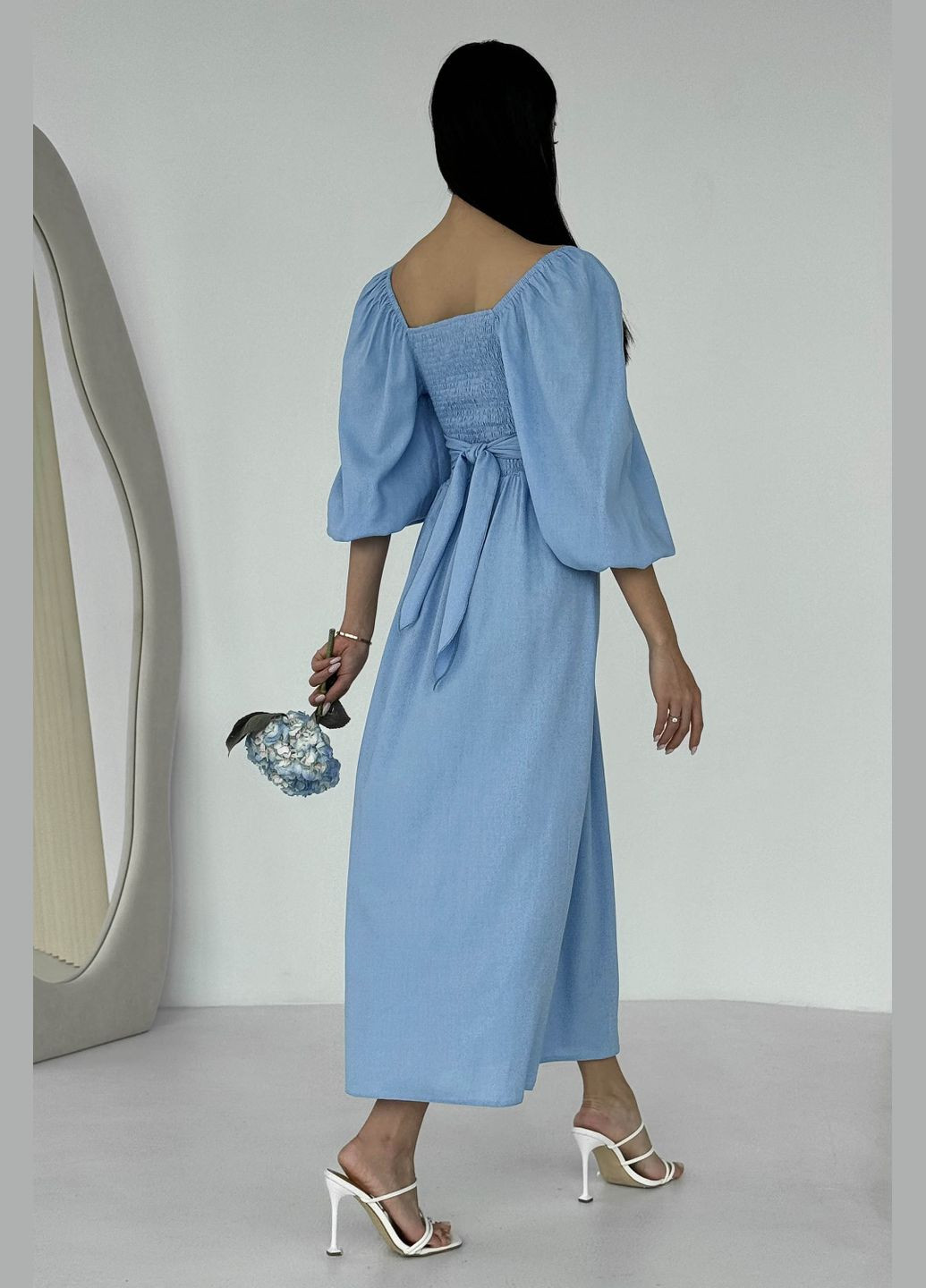 Голубое праздничный, вечернее дизайнерское платье из льна голубого цвета платье-трансформер Jadone Fashion однотонное