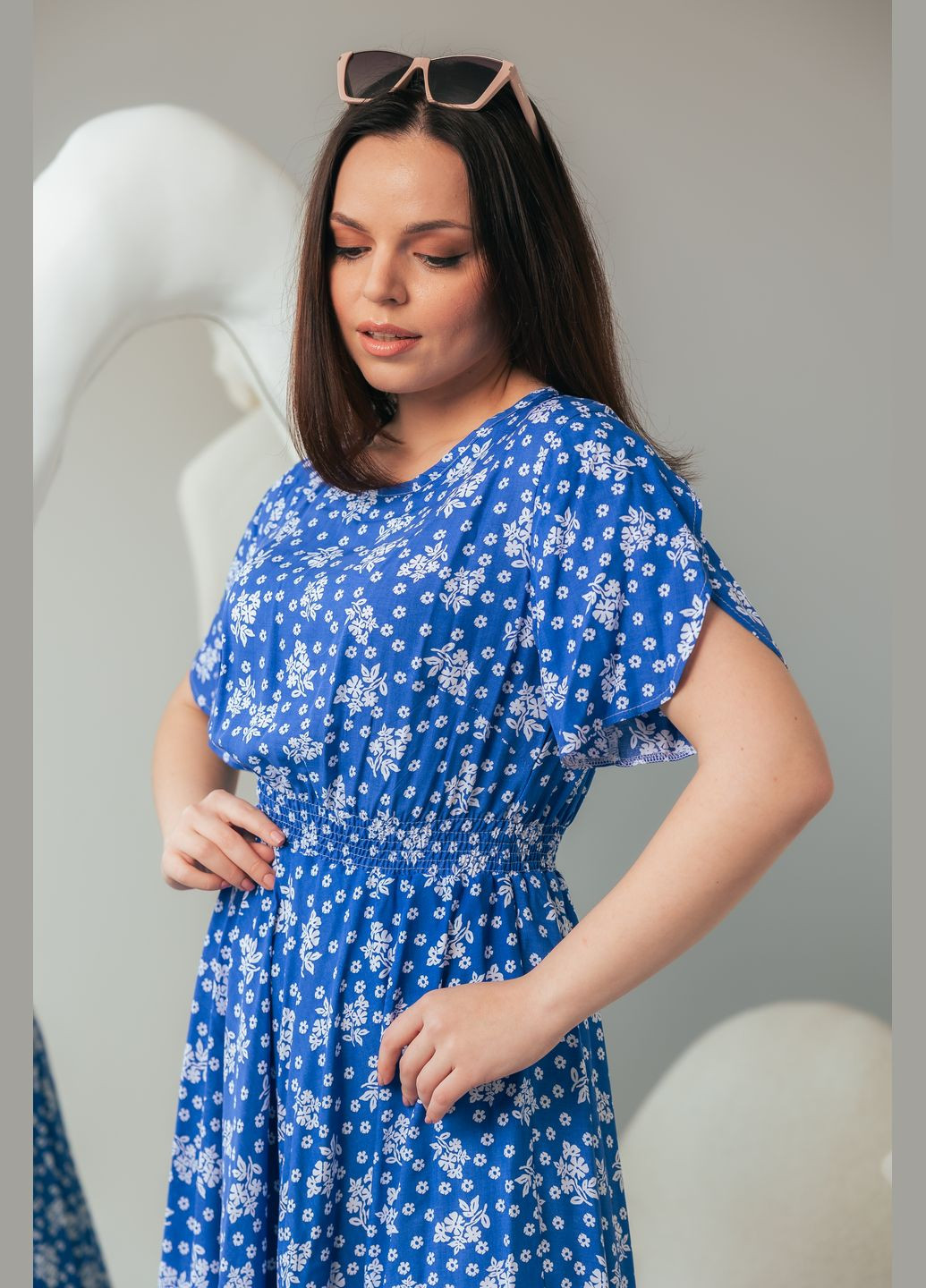 Светло-синее деловое, повседневный, пляжное, коктейльное masoli летнее платье клеш No Brand с цветочным принтом