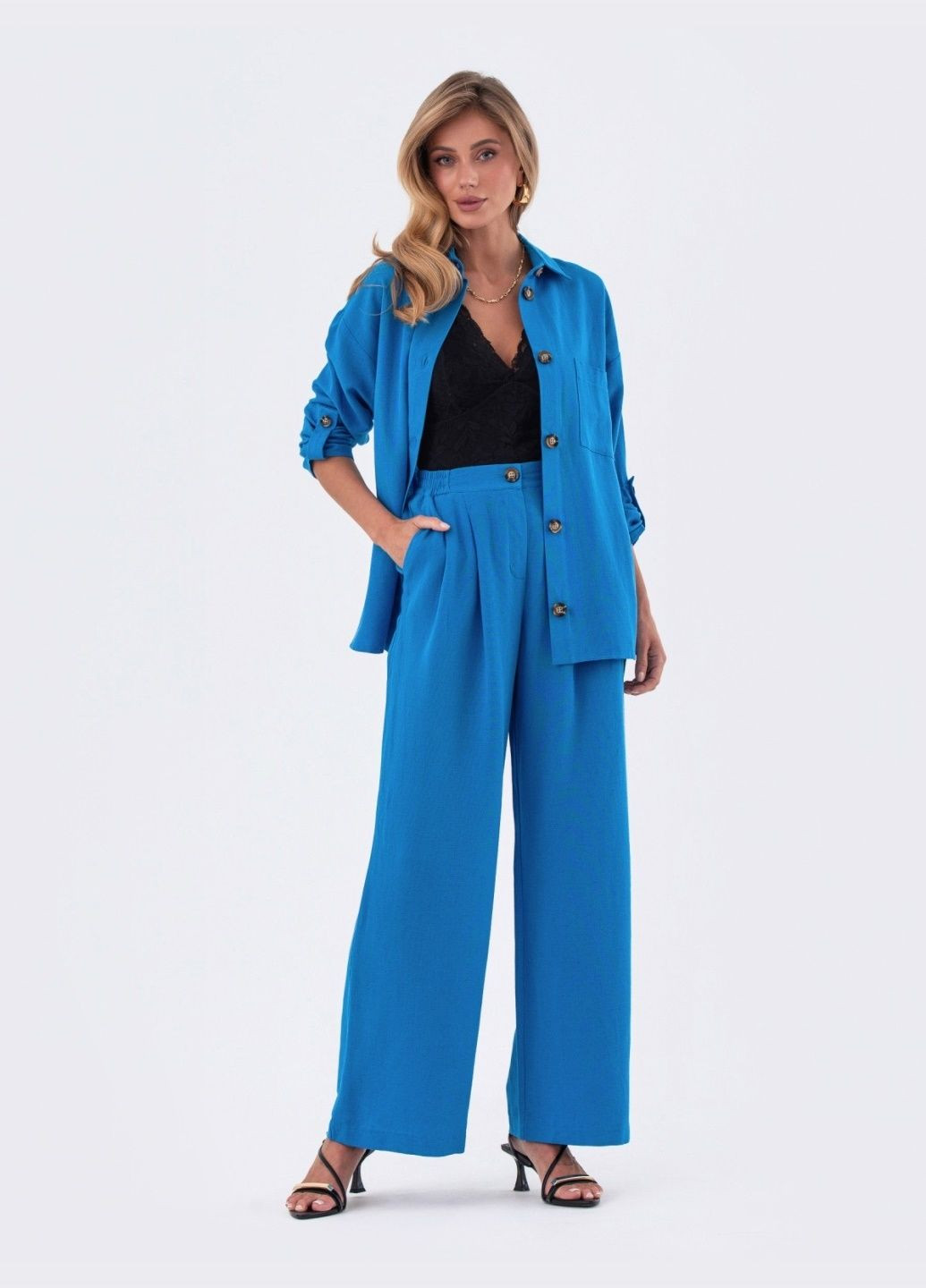 костюм из рубашки со шлёвками на рукавах и брюк синий Dressa (297949228)