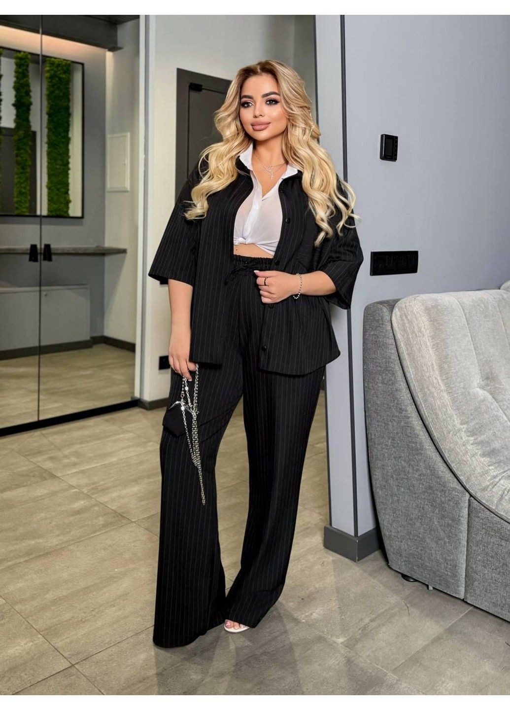 Костюм діловому стилі, з тонкою вертикальною смужкою, вільного крою, мод КТС-2286, чорний, 58-60 No Brand (355469771)