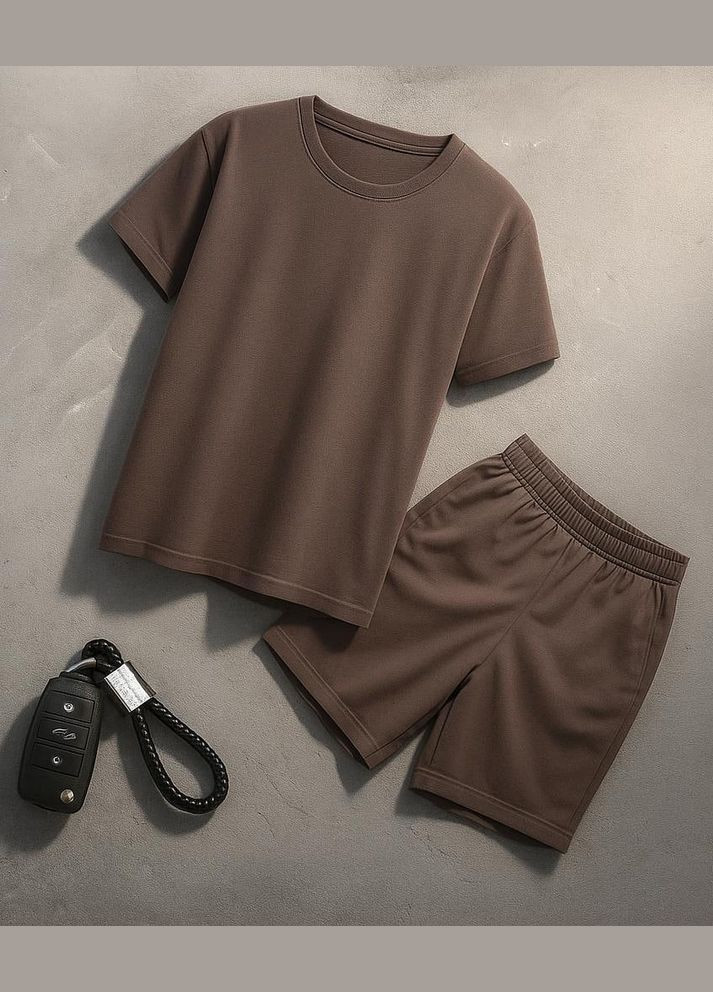 Коричневый демисезонный тильный комплект на каждый день футболка + шорты No Brand