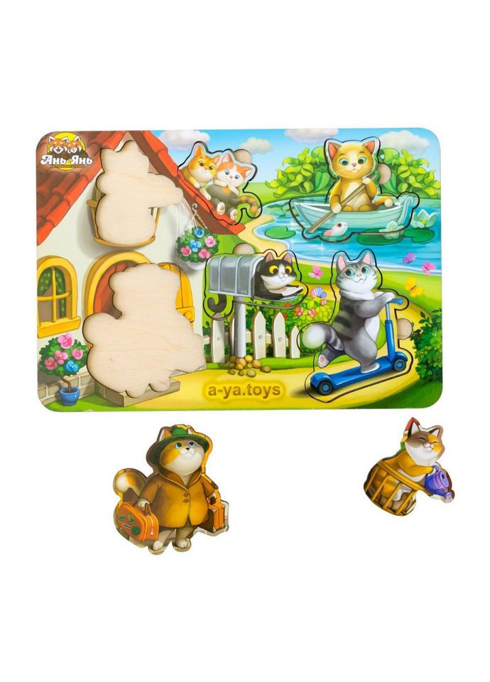 Дерев'яний пазл-вкладиш "Котики - 1" (ПСД140) PSD140 з будиночком Ubumblebees (304409577)