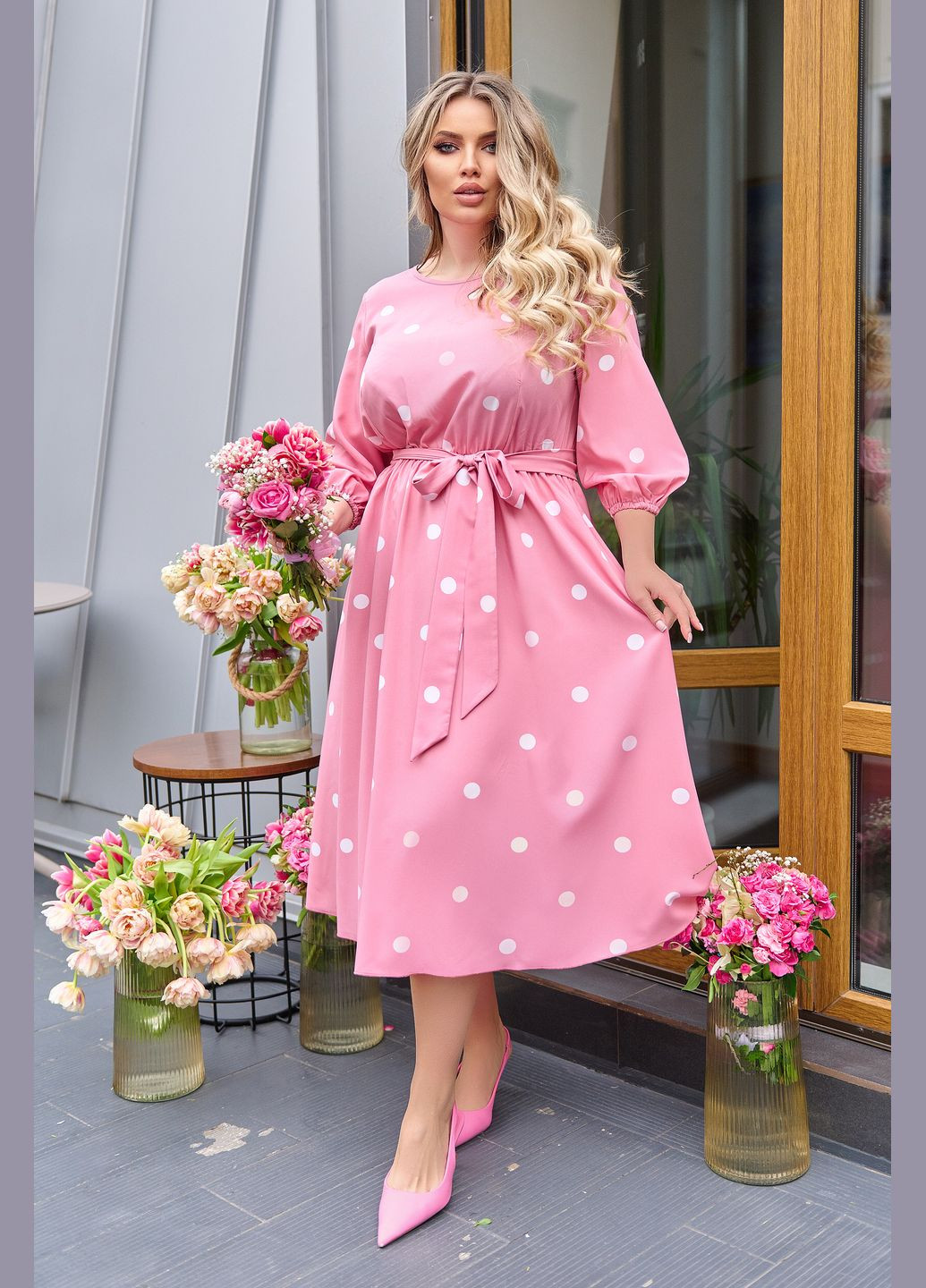 Розовое повседневный платье в горошек колокол No Brand в горошек