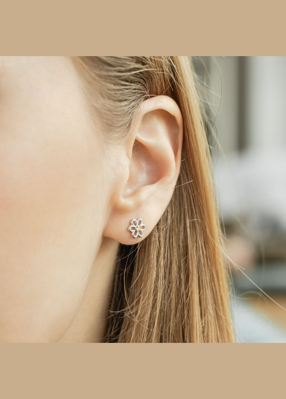 Серебряные серьги пуссеты Цветы с маленькими желтыми фианитами по центру No Brand (333705234)