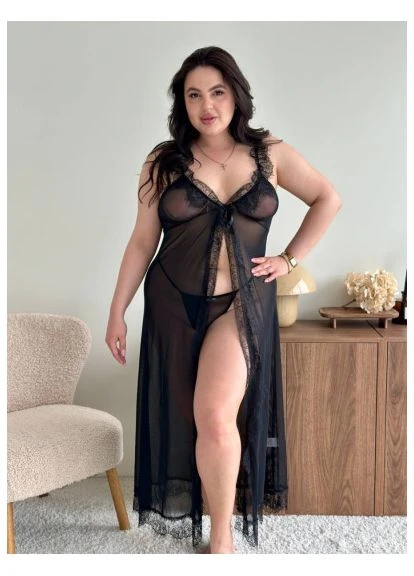 Жіночий прозорий пеньюар plus size з трусиками / Жіночий довгий мереживний пеньюар великих розмірів No Brand (397050110)