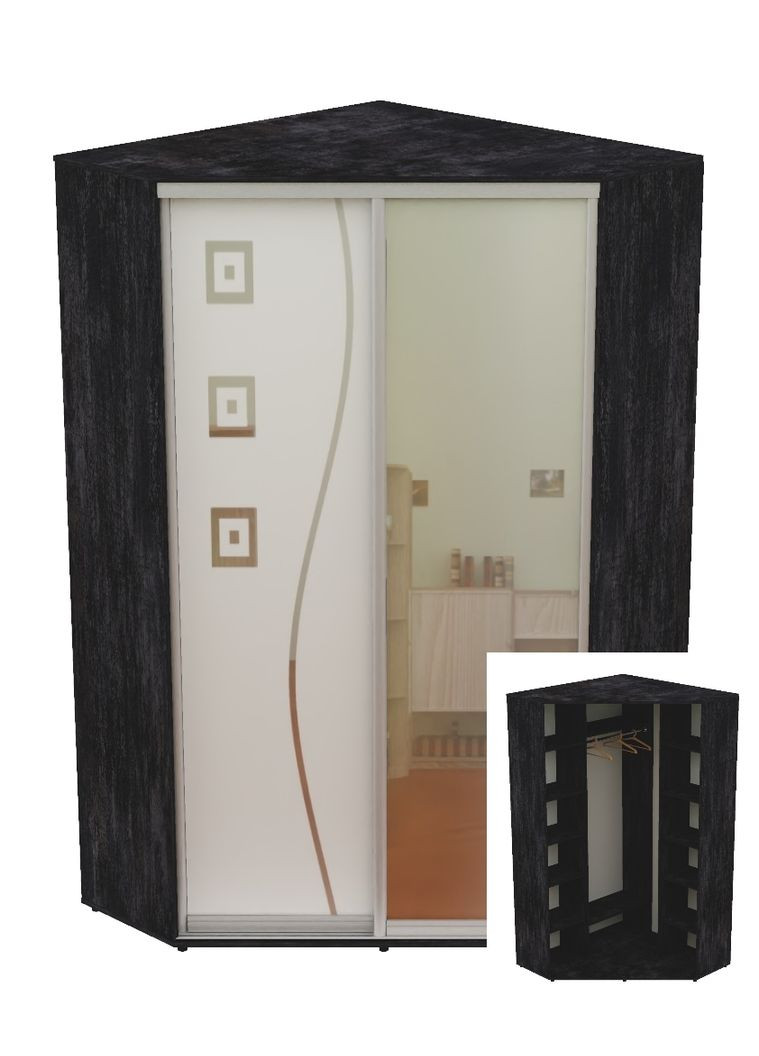 Шафа-купе дводверна кутова 130*130*220 Бетон темний Дзеркало/Дзеркало з піскострумним малюнком Угол-3 Алекса (360457401)