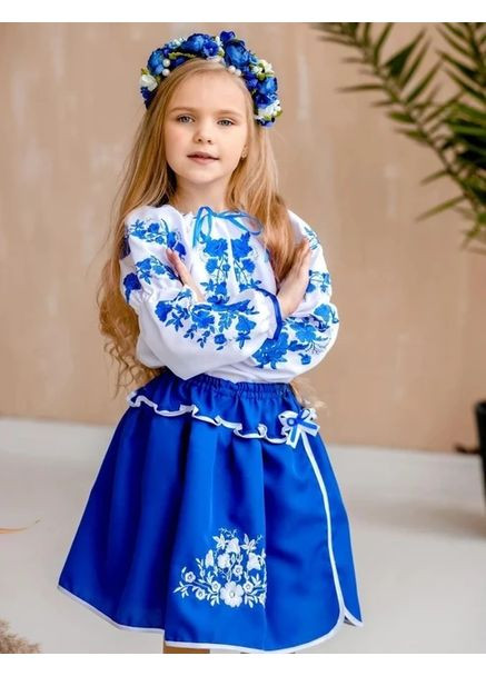 Белая костюм вышиванка для девочки цветочный бело-синий (362452636)