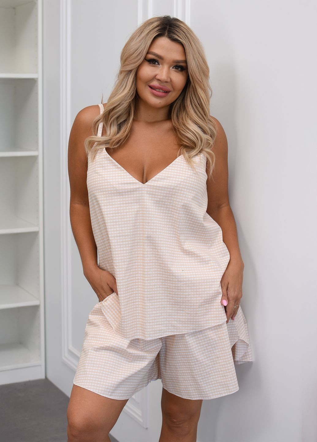 Бежева всесезон жіноча піжама літня оверсайз фасону (майка + шорти) майка + шорти No Brand