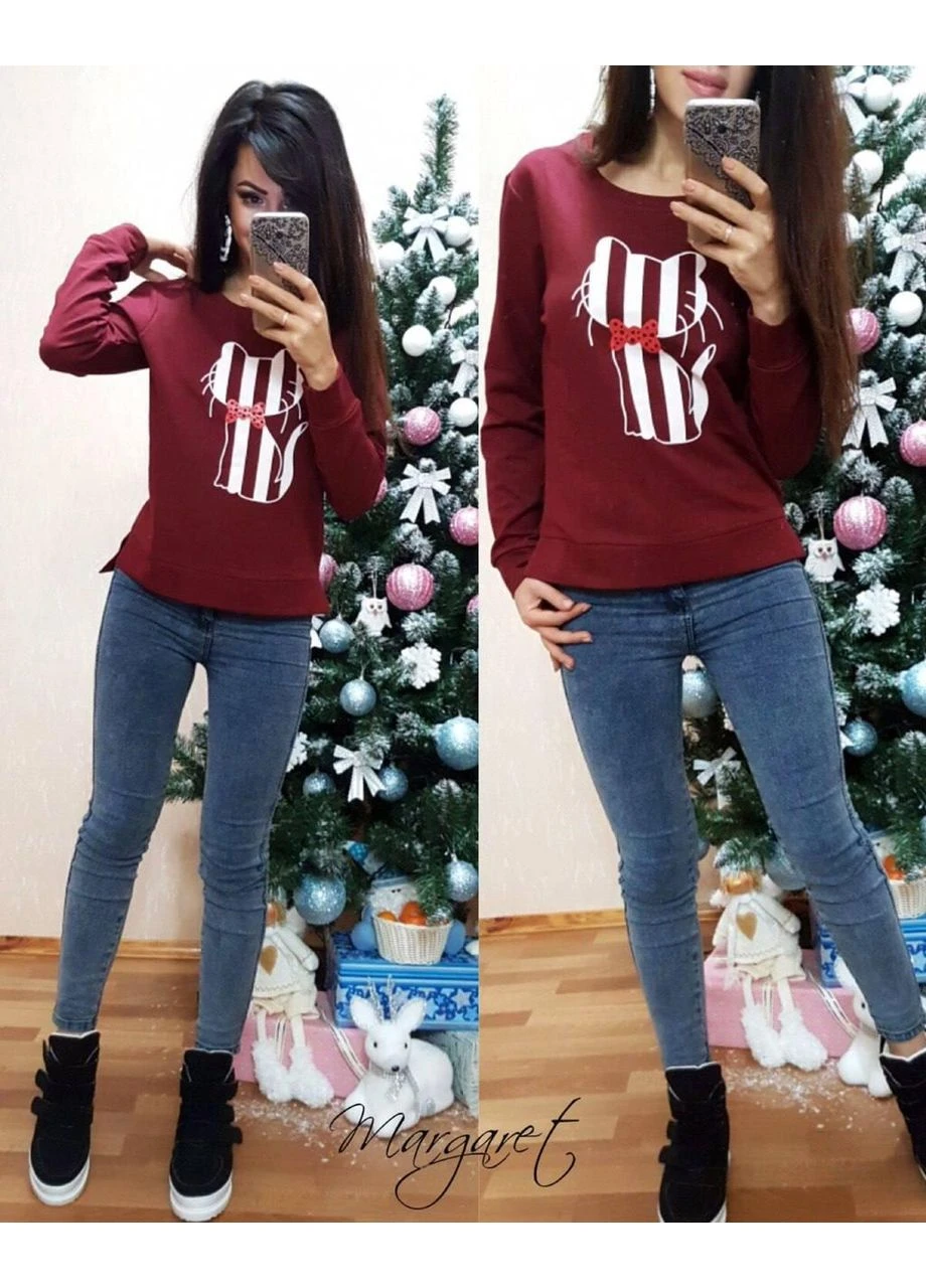 Бордовый женский свитшот из турецкой двунитки с принтом No Brand