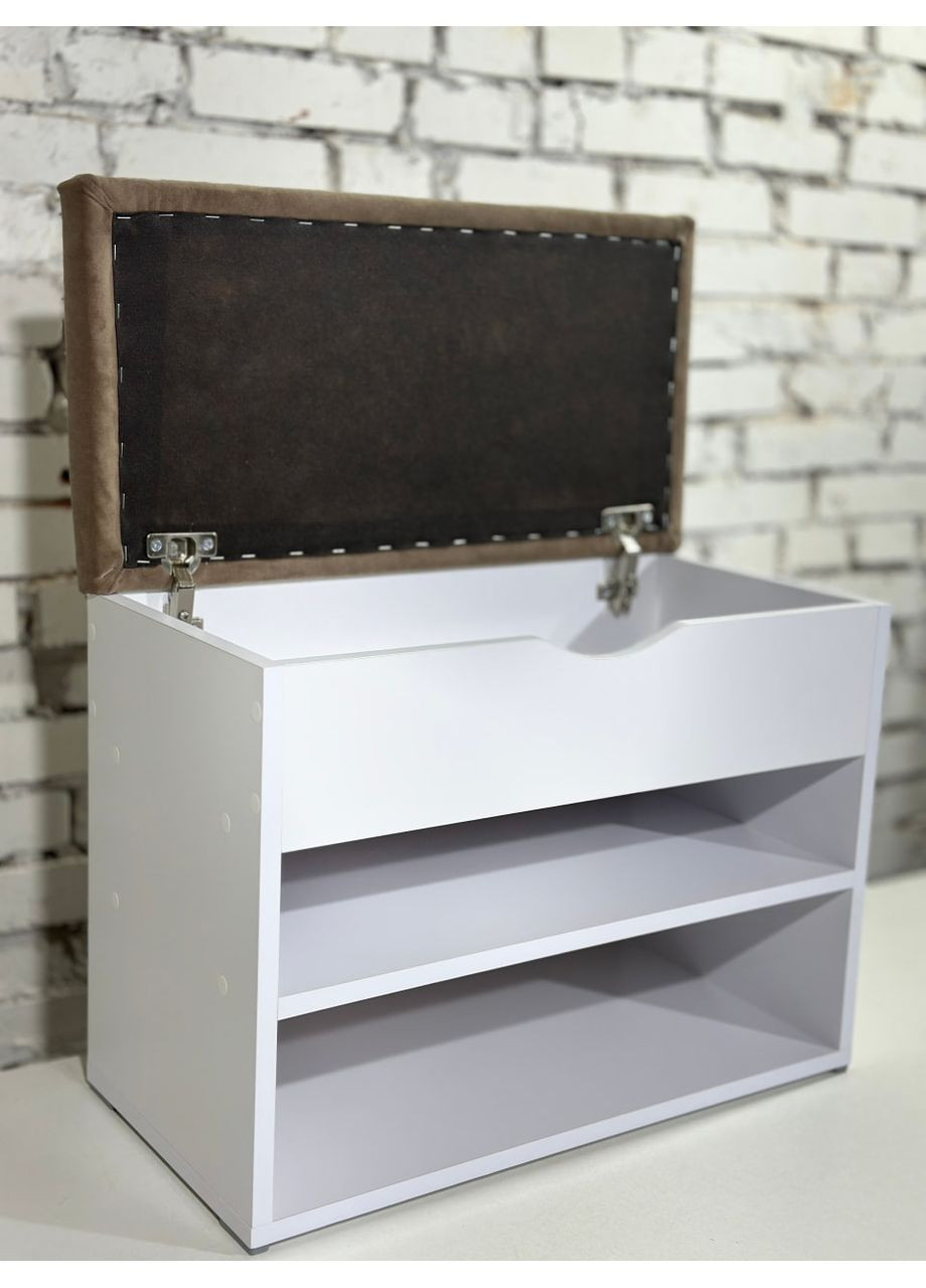 Банкетка для взуття в передпокій. Верхня частина відкривається. ДСП в білому кольорі. Тканина капучіно. Шириною 60см. No Brand (366432067)