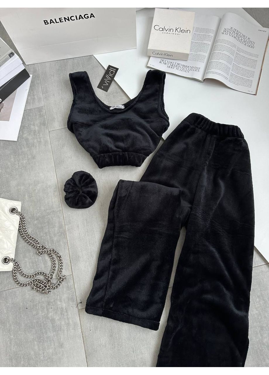 Черная зимняя женская пижама топ + брюки No Brand