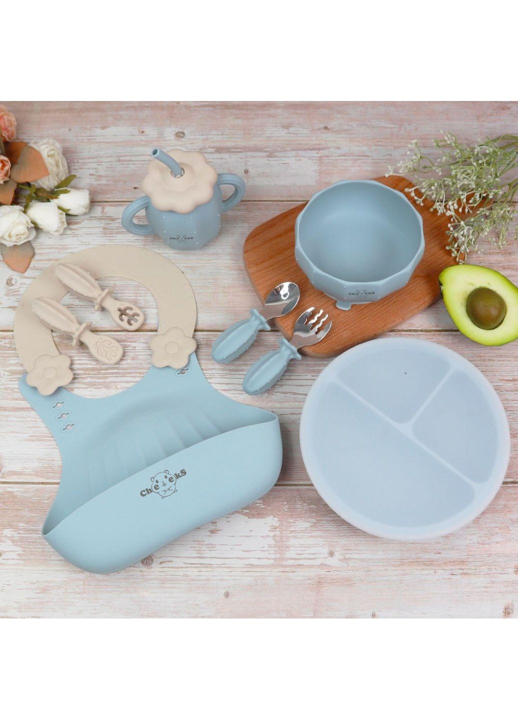 Набор силиконовой детской посуды для прикорма на присосках из пищевого силикона Кактус с обучающими ложками голубой Cheeks (350315139)
