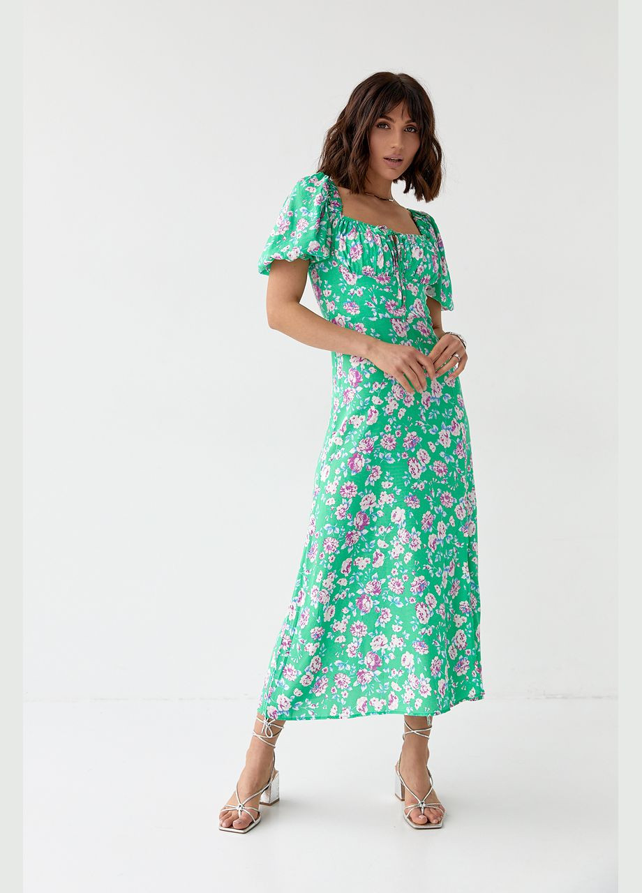 Зелена повсякденний літня квіткова сукня міді з куліскою на грудях 90370 Lurex з квітковим принтом