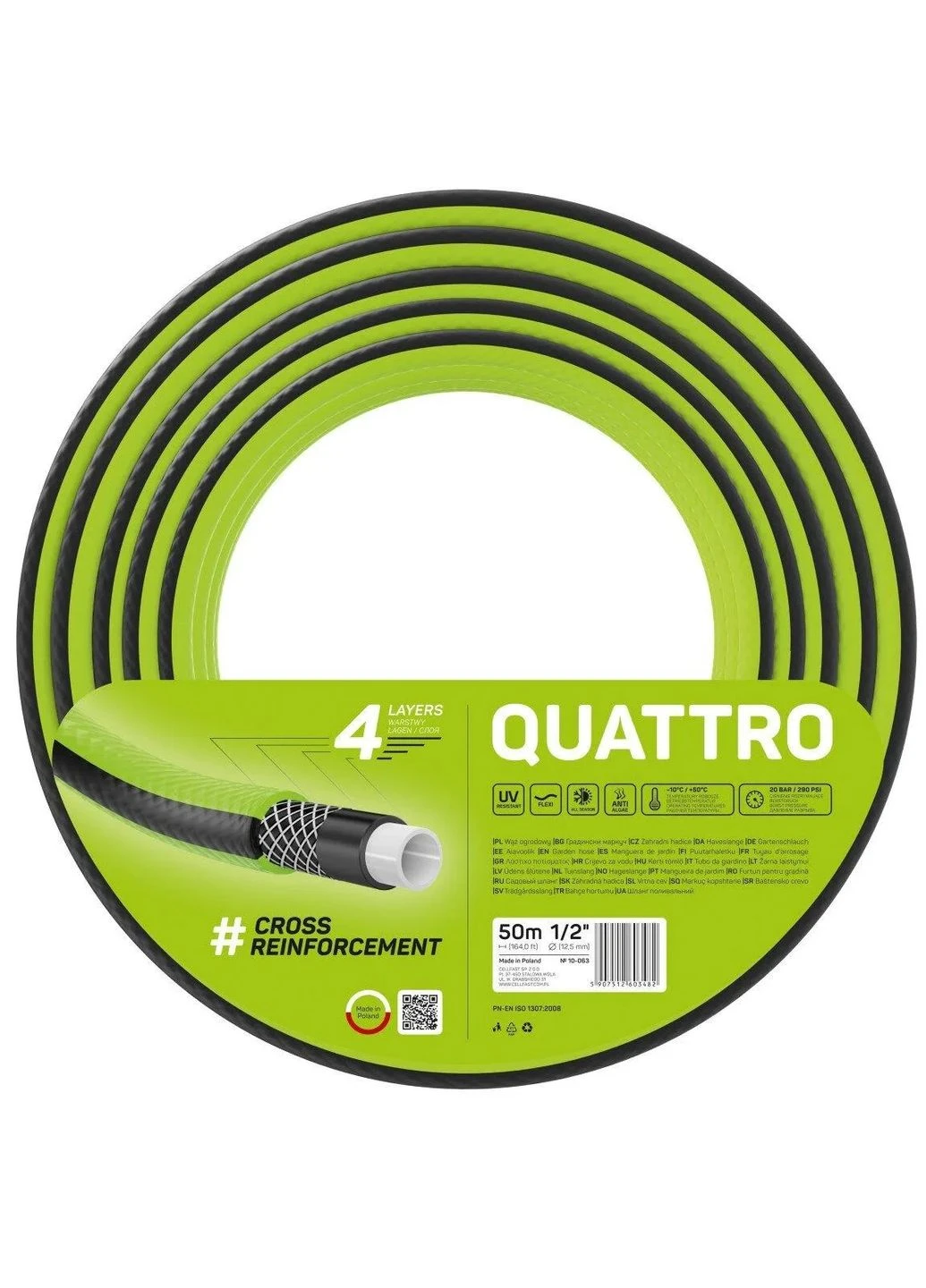 Садовий шланг QUATTRO 1/2' 50м, 4 шари, витримує тиск до 20 бар, температурний діапазон -10...+50°C. Cellfast (393455843)