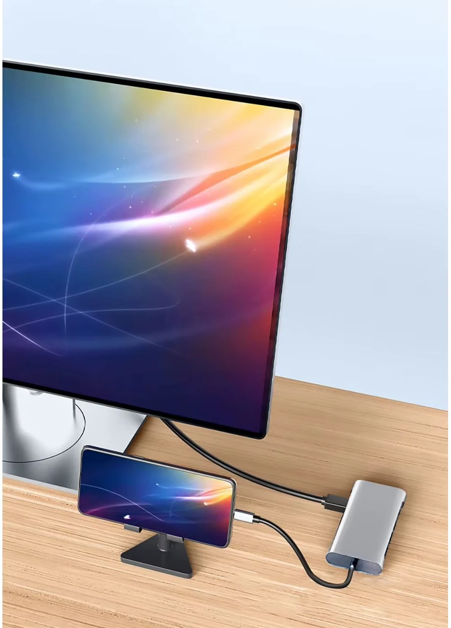 USB HUB адаптер 11 в 1 Type-C to HDTV 4К / TF / SD / Audio / Type-C / LAN 100м / VGA 4USB 3.0, Grey No Brand (373302024)