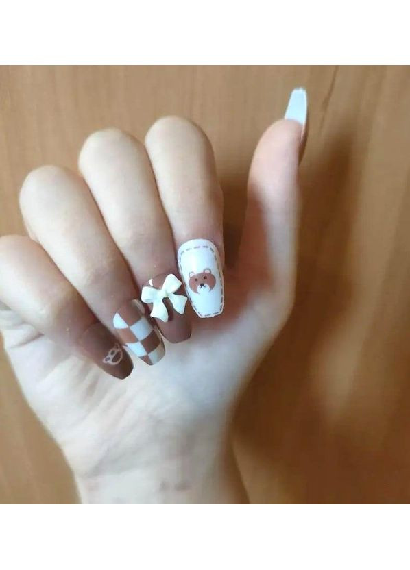 Накладные ногти с клеем и пилой 24 шт, набор накладных ногтей квадратной формы с 3D бантом, милым медвежонком и клетчатым узором. No Brand (370290284)