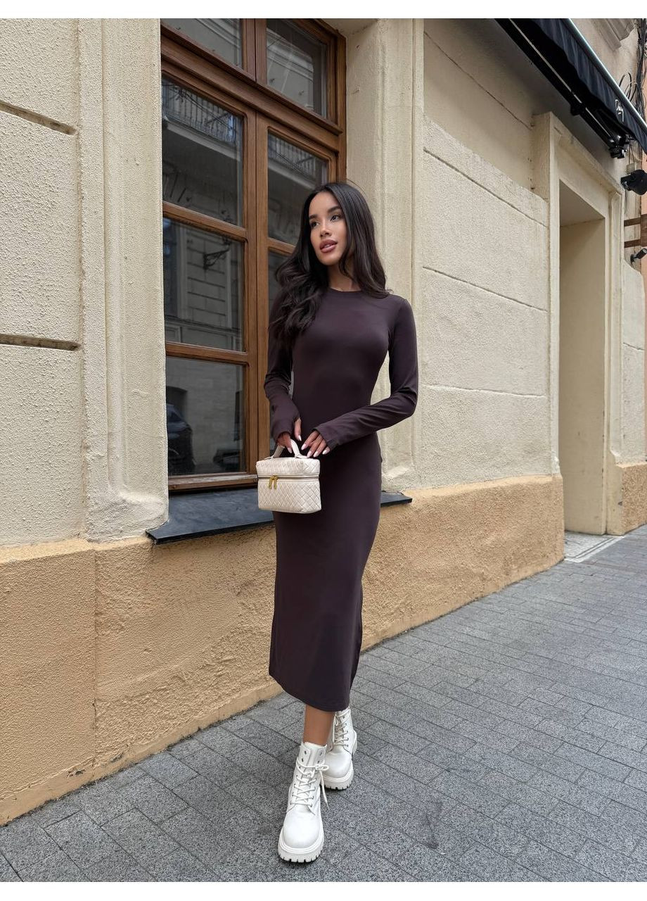 Темно-коричнева повсякденний жіноча сукня міді з боковим розрізом та довгим рукавом MonCher