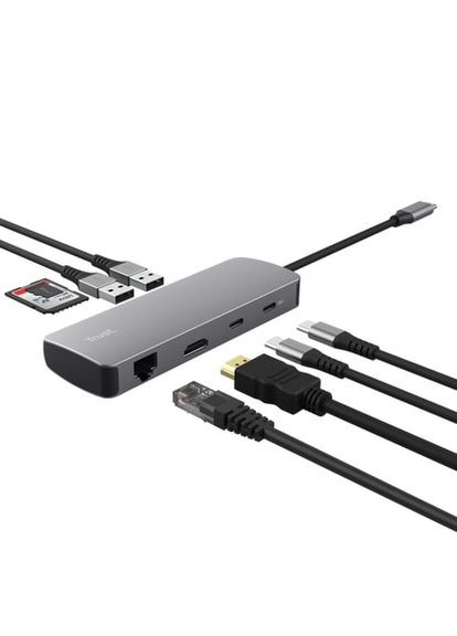 Адаптер Dalyx 8in1 USB-C > 1xUSB-A 3.2/USB-A 2.0/2xUSB-C/HDMI/Ehernet/SD/microSD, Алюминий, 0.15м, Серый Trust (360400630)