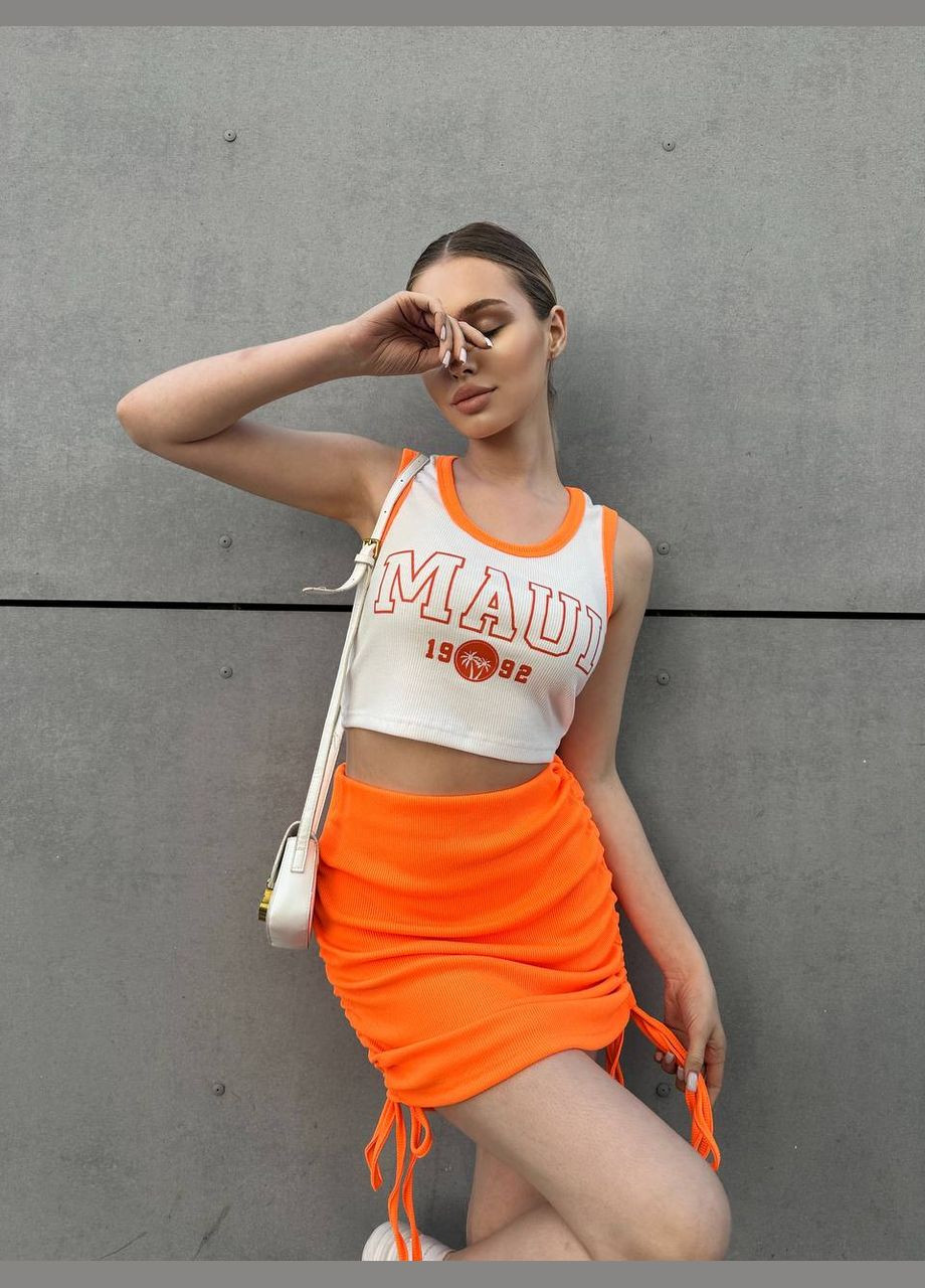 Лёгкий костюм двойка из турецкого плотного рубчика в базовом цвете (белый топ+оранжевая юбка), повседневный костюм No Brand 661-1 (295441566)