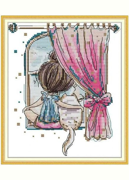 Набор для вышивания по нанесённой на канву схеме "Little girl and cat". AIDA 14CT printed 19*22 см Joy Sunday (313614199)