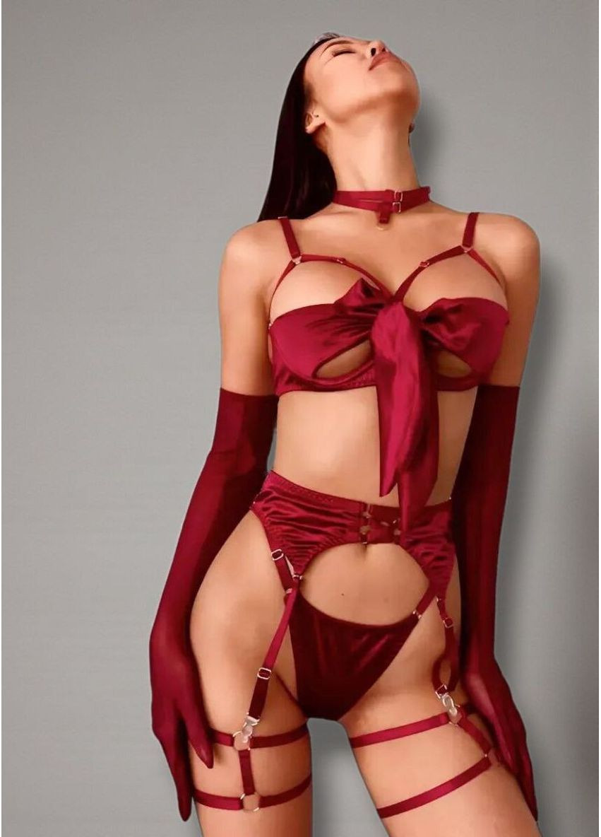 Бордовый демисезонный соблазнительный комплект белья с бантиком на груди контурный набор из 6 элементов женское белье с завязками аксессуары в наборе Cindylove