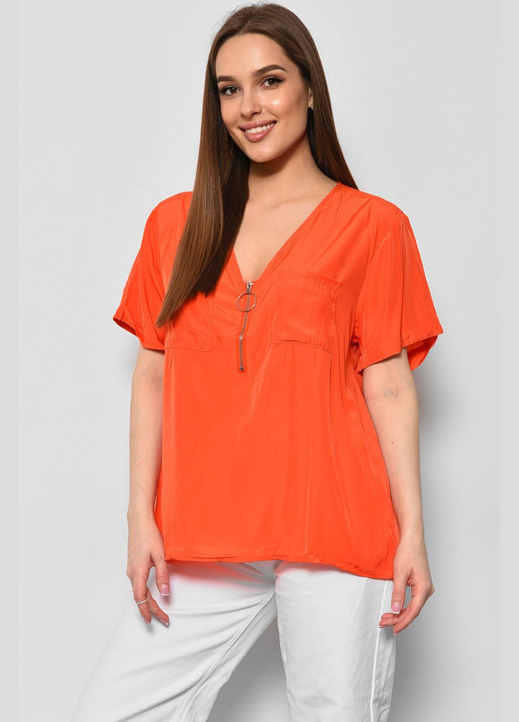 Помаранчева демісезонна блуза жіноча з коротким рукавом помаранчевого кольору з баскою Let's Shop