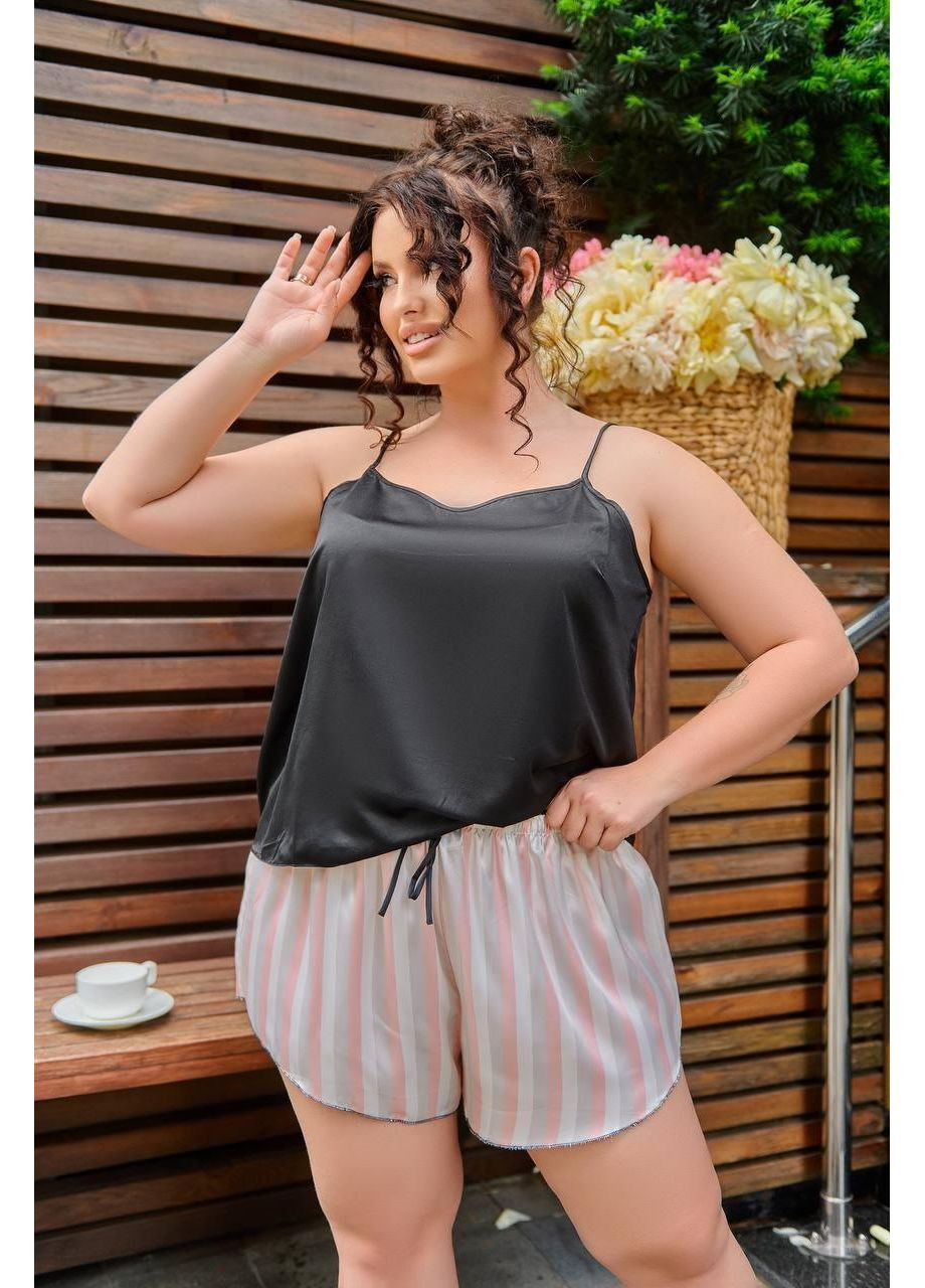 Комбинированная стильная женская пижама топ и шорты plus size / легкая сатиновая пижама в полоску и черным топом / пижама из шелка армани No Brand