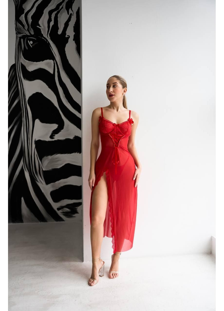 Пеньюар довгий + трусики, мереживо, розріз спереду / Комплект: червоний довгий пеньюар та трусики, прозорий, святковий, е No Brand (366571639)