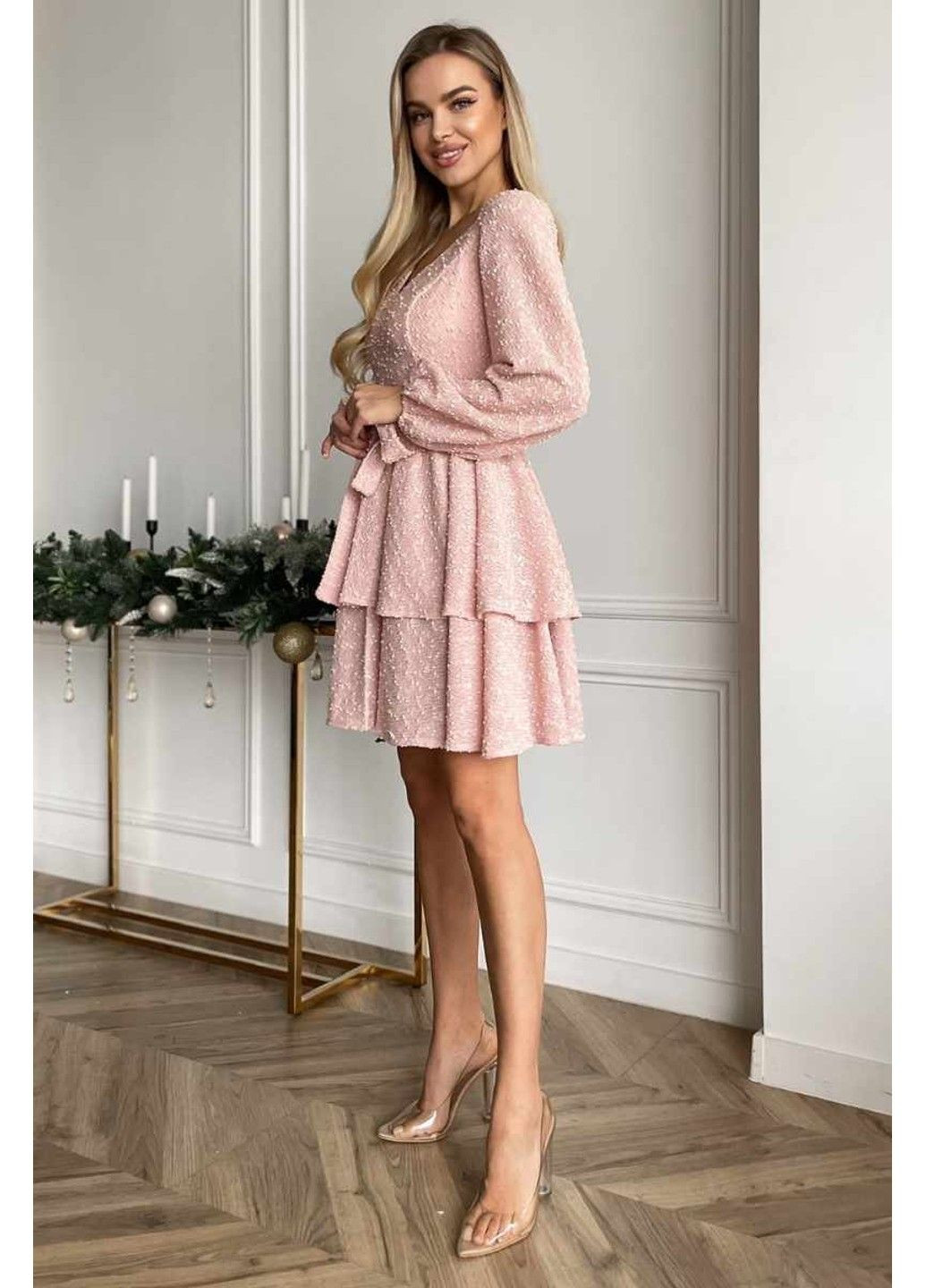 Розовое коктейльное платье букле воланы 24110 розовая Tanita-Romario