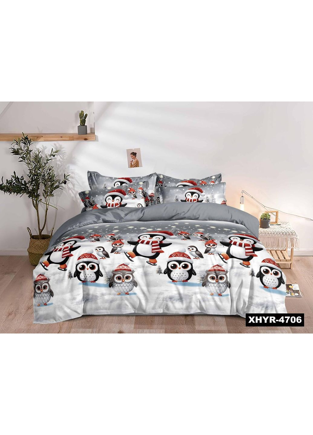 Постельное белье новогоднее Двуспальное Пакистанская байка 180 x 220 см 4706 Серое 70 х 70 см No Brand (362414542)