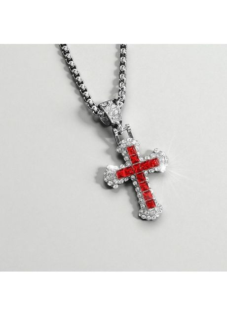 Кулон-хрестик сріблястий зі стразами та червоними фіанітами на ланцюжку 60 см платинове покриття OrnatusDivinus784 Liresmina Jewelry (368561353)
