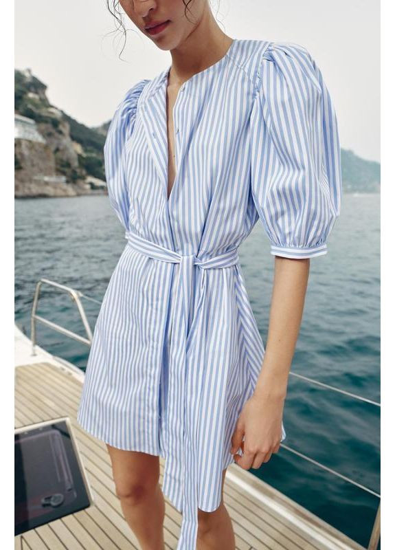 Голубое полосатое поплиновое платье zw collection Zara