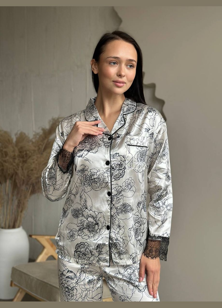 Чорно-біла всесезон піжама жіноча сорочка + брюки No Brand