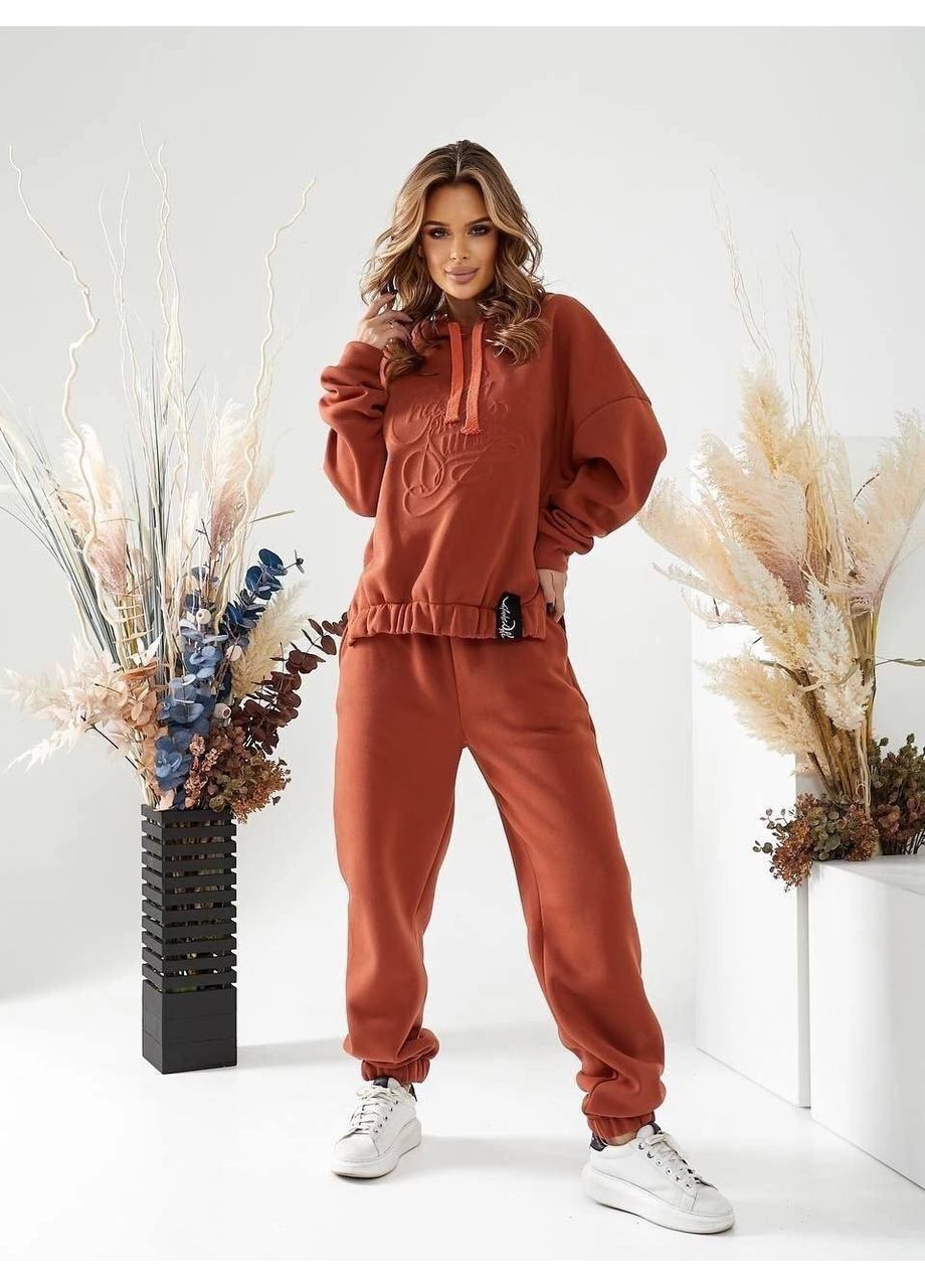 Жіночий теплий спортивний костюм із тисненням та капюшоном | Заміри в описі GD/GL Модний простір (364967281)