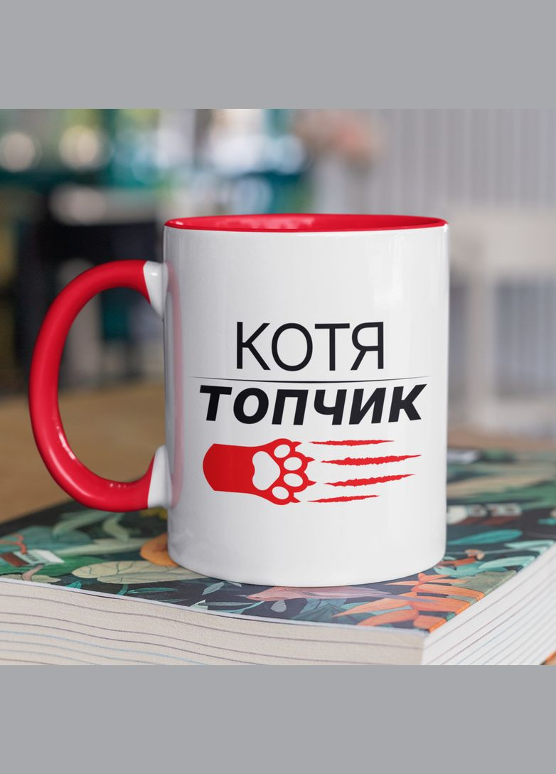 Чашка керамічна з принтом "Котя топчик" 330 мл, біла з червоною ручкою No Brand (324264005)