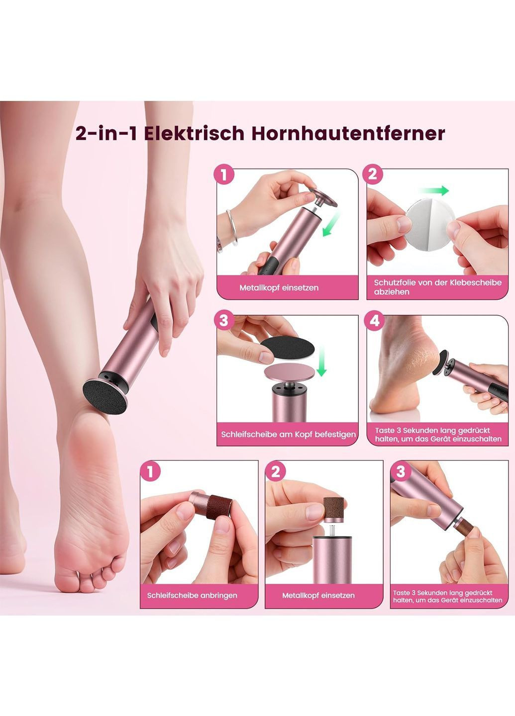 Акумуляторна пилка для видалення загрубілої шкіри та мозолів 2 в 1 рожевий Amazon (371797166)