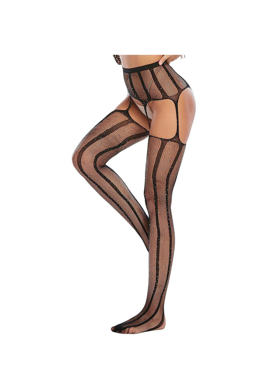 Черный демисезонный колготки сеточка с вырезом открытыми бедрами черного цвета со стразами имитация чулков с поясом No Brand