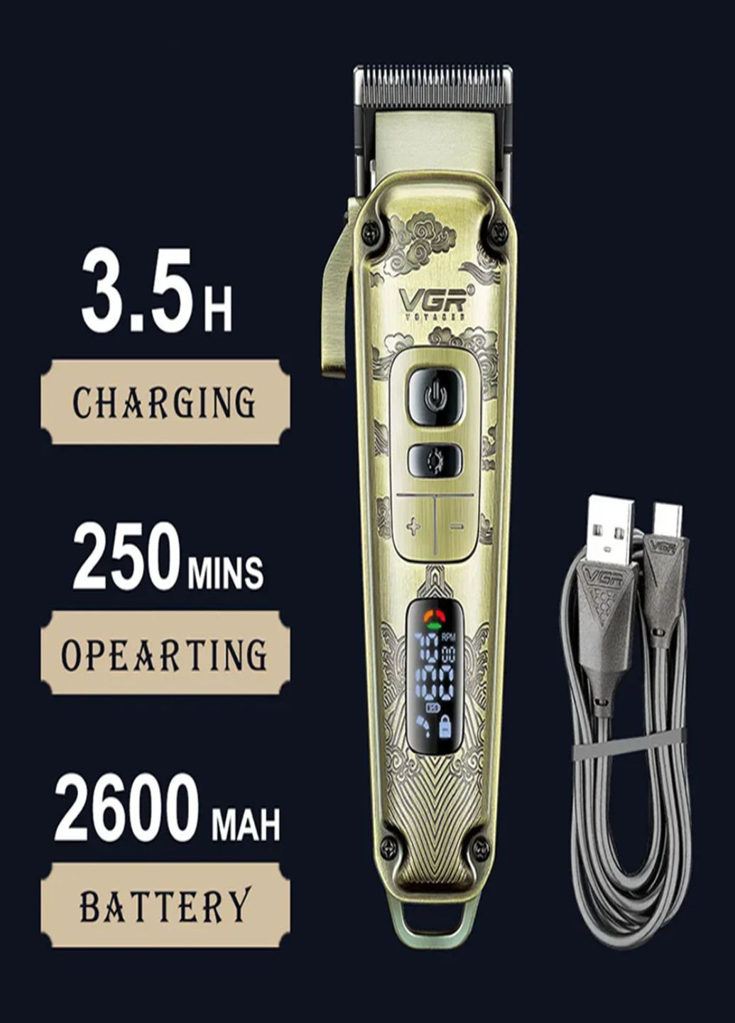 Акумуляторна машинка для стрижки волосся V 005 з 8 насадками та LED дисплеєм VGR (317416647)