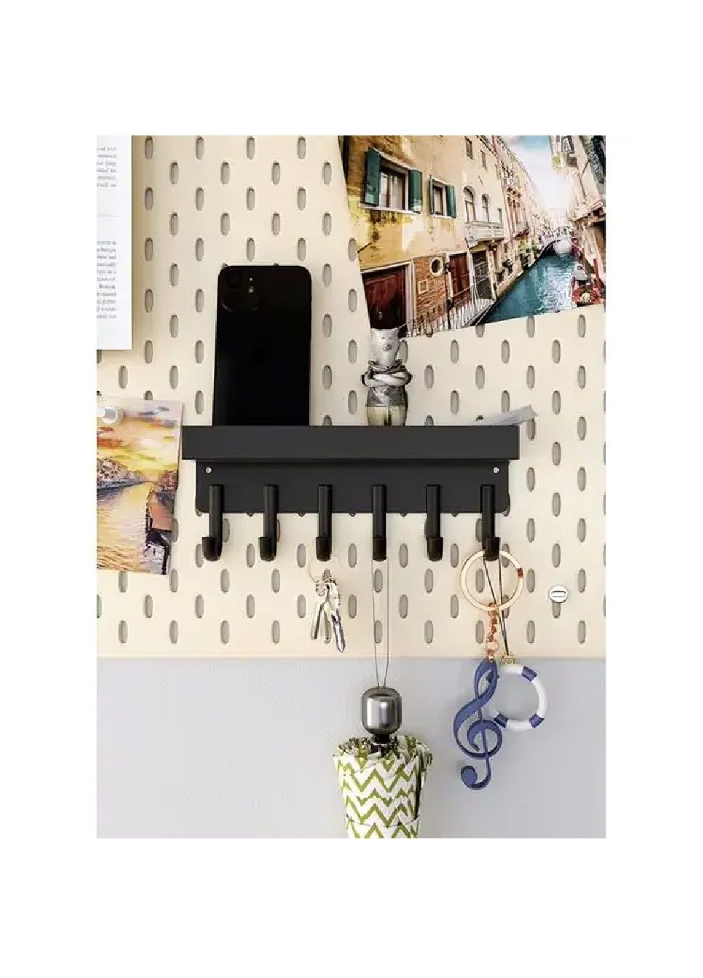 Настінна магнітна полиця вішалка з бортиком гачками кріпленням на магніт гвинти 5х8,5х24,5 см (481275-Prob) Чорна Unbranded (359244273)